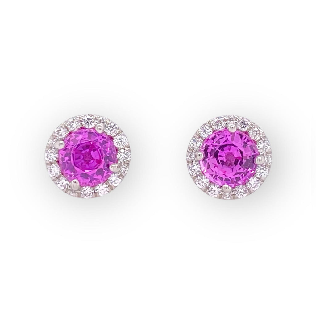 1.98 carat Round Pink Sapphire and Diamond Platinum Halo Pushback Earrings