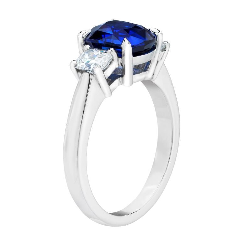 3.33 Carat Cushion Blue Sapphire and Diamond Platinum Ring
