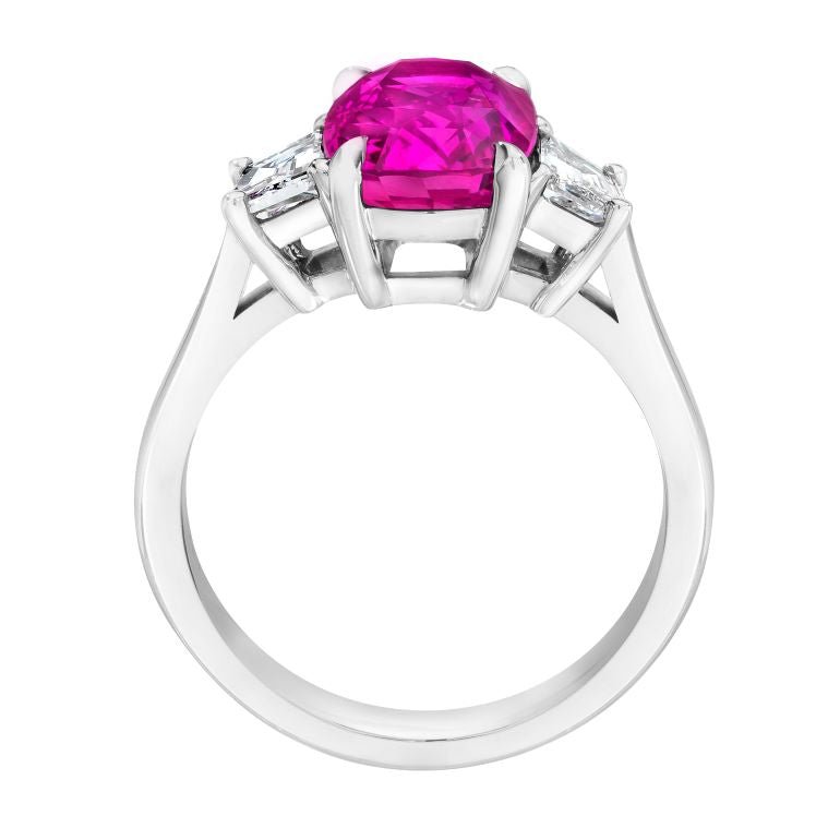 4.14 Carat Cushion Pink Sapphire and Diamond Platinum Ring