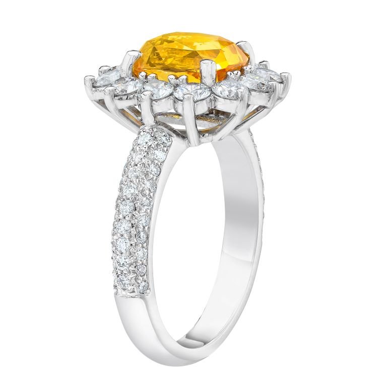 3.37 Carat Cushion Yellow Sapphire and Diamond Platinum Ring