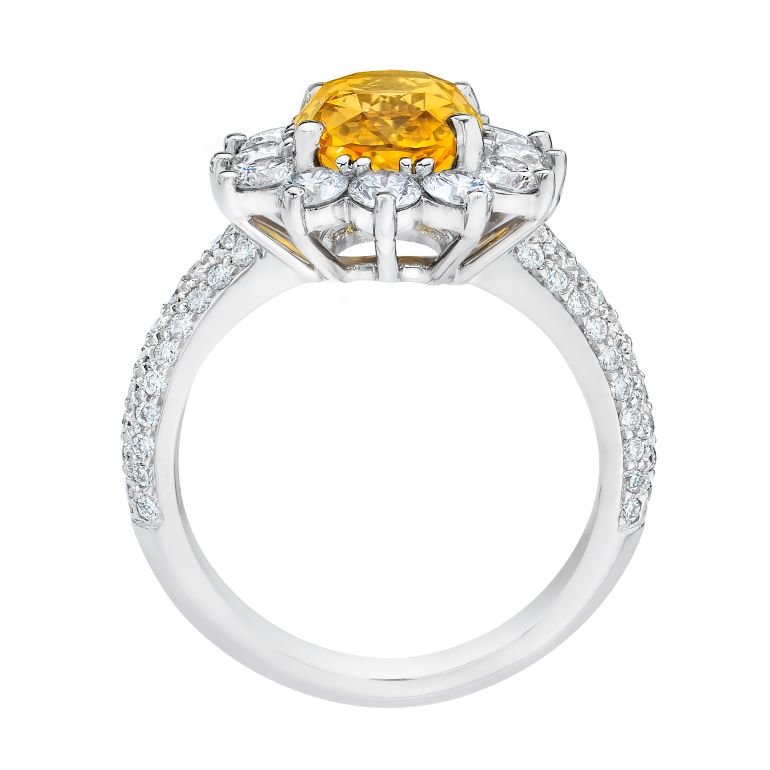 3.37 Carat Cushion Yellow Sapphire and Diamond Platinum Ring