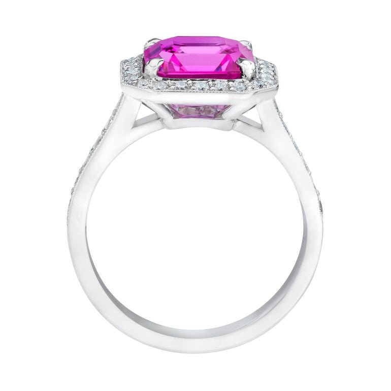 3.70 Carat Emerald Cut Pink Sapphire and Diamond Platinum Ring
