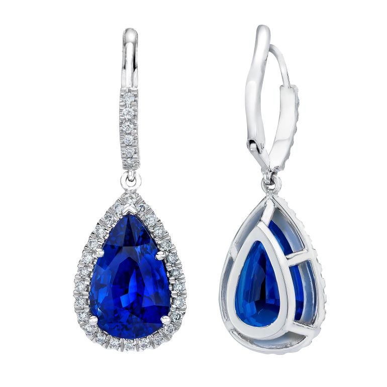 11.45 Carat Pear Blue Sapphire and Diamond Platinum Earrings