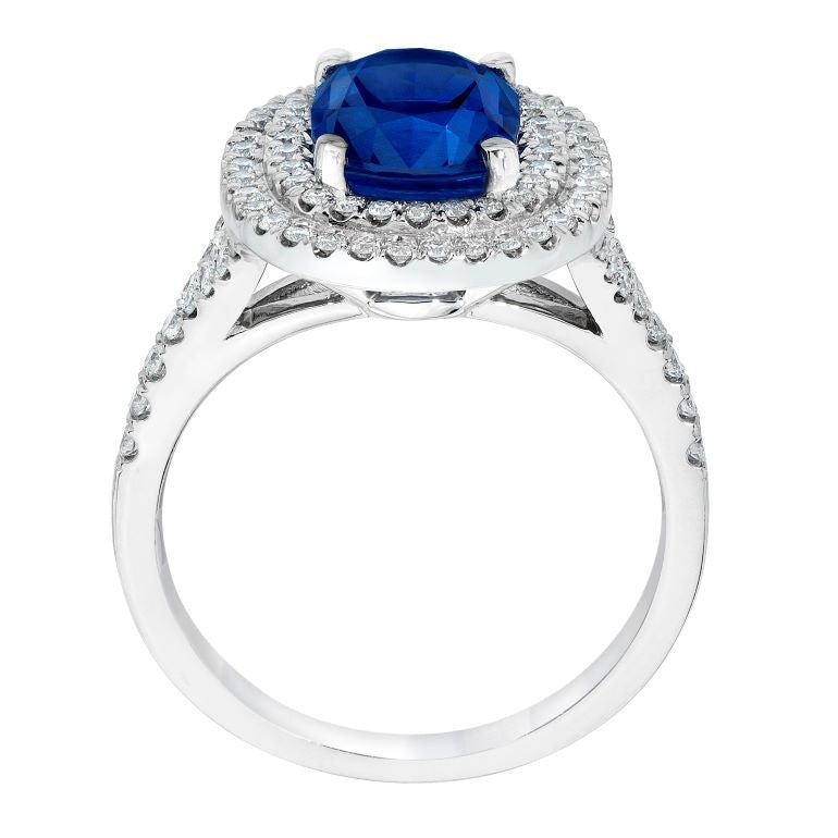 3.03 Carat Cushion Blue Sapphire and Diamond Platinum Ring