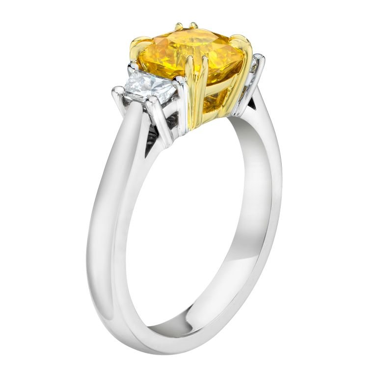 2.05 Carat Cushion Yellow Sapphire and and Diamond Platinum Ring