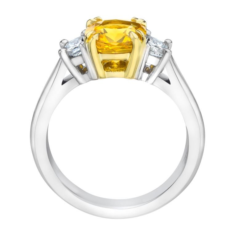 2.05 Carat Cushion Yellow Sapphire and and Diamond Platinum Ring