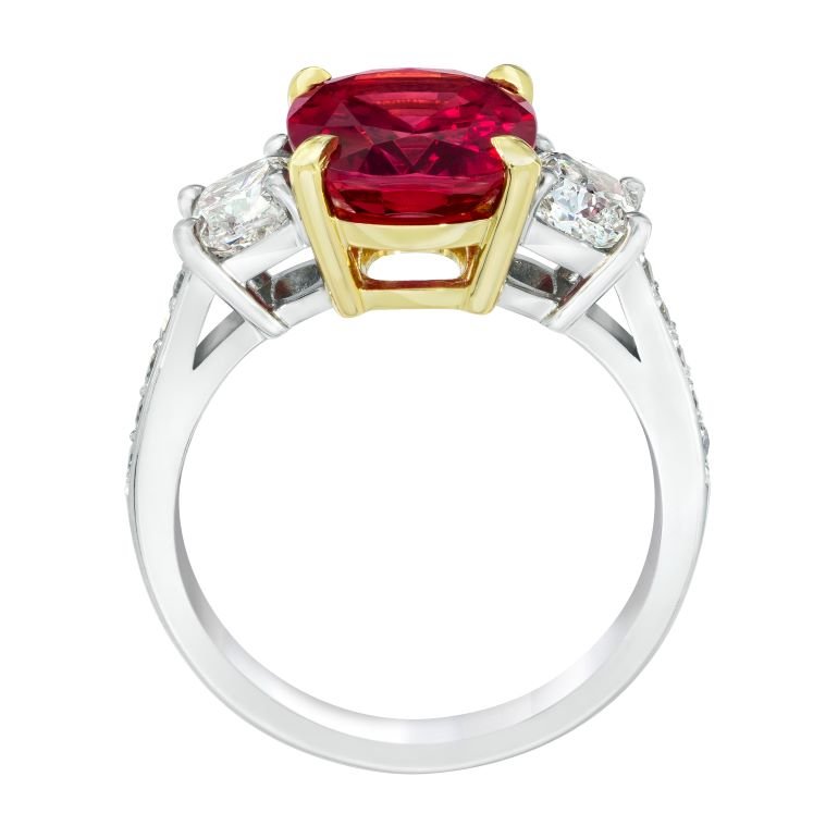 4.00 Carat Cushion Red Spinel and Diamond Platinum Ring