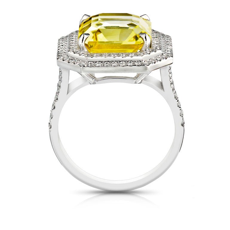 9.04 Carat Octagonal Yellow Sapphire and and Diamond Platinum Ring