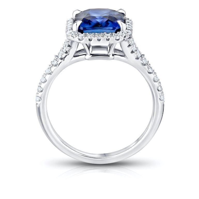 3.77 Carat Radiant Blue Sapphire and Platinum Diamond Ring