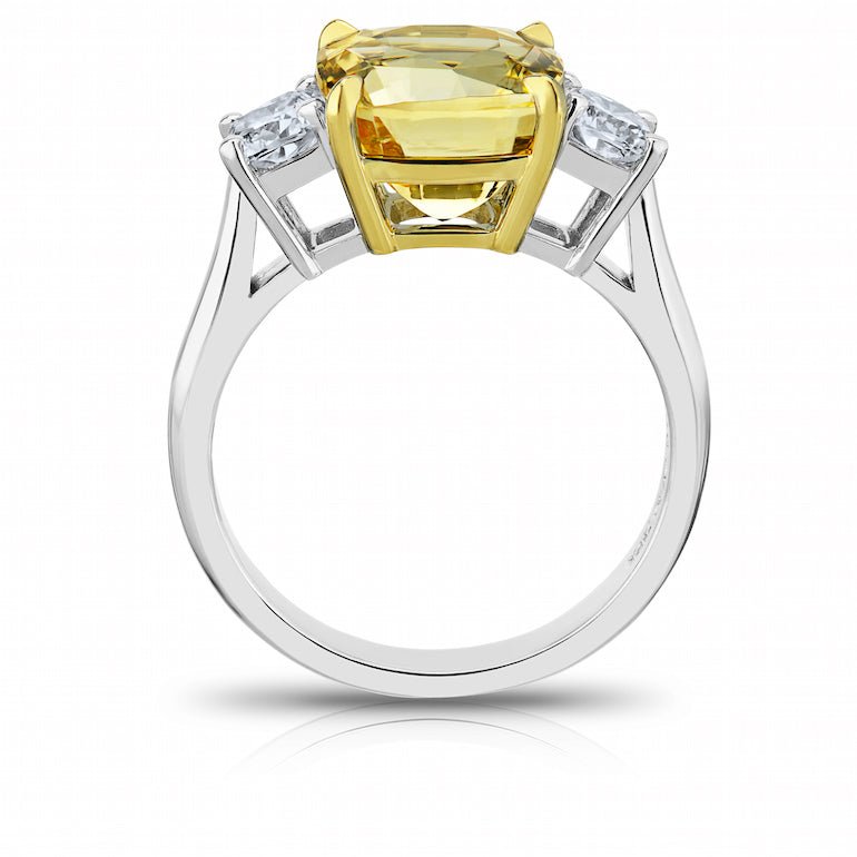 5.65 Carat Cushion Yellow Sapphire and Diamond Platinum Ring