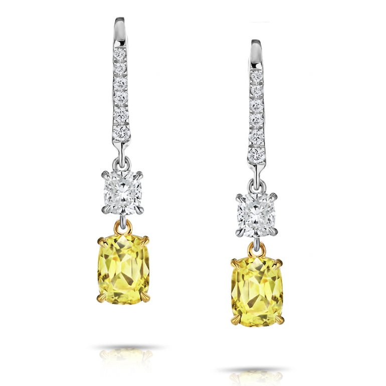 3.97 Carat Cushion Yellow Sapphire and Diamond Platinum Earrings