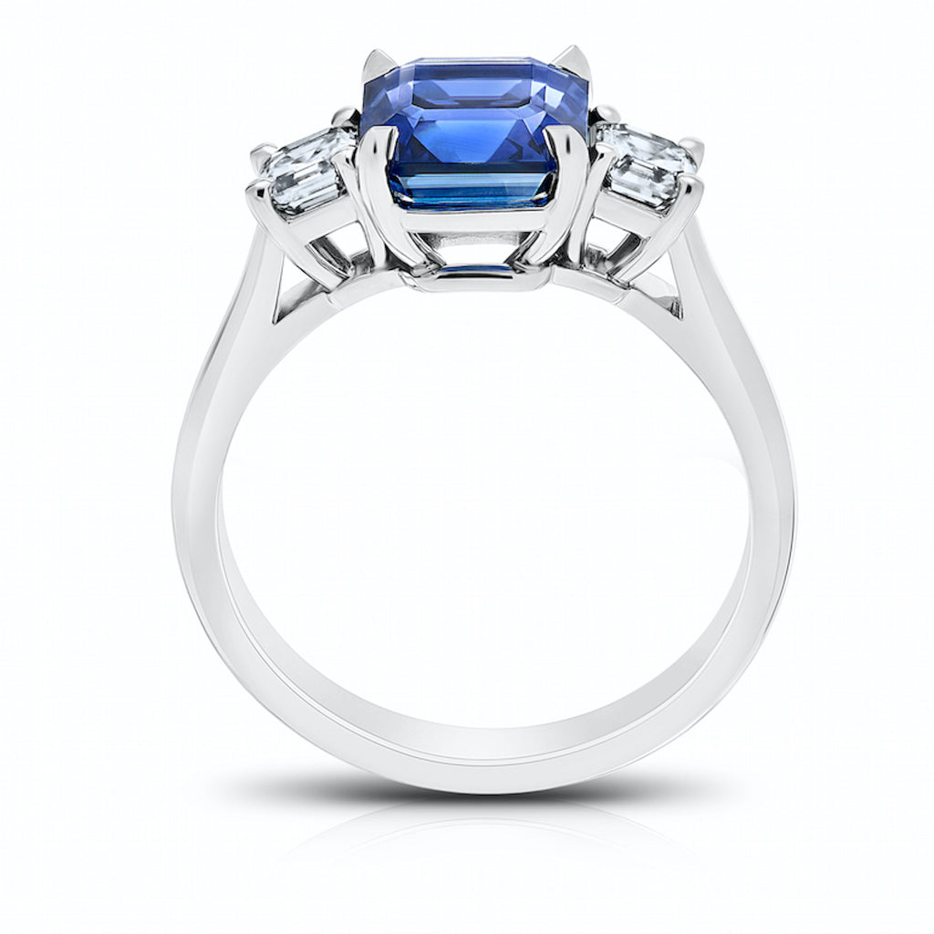 2.96 Carat Square Emerald Cut Sapphire and Diamond Platinum Ring