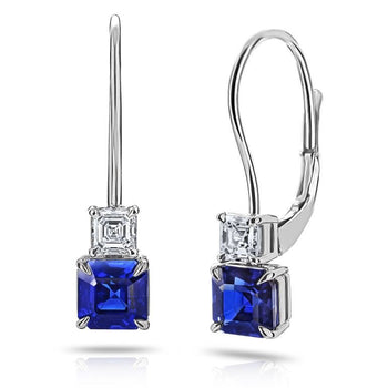 2.00 Carat Blue Ascher Cut Sapphire and Diamond Earrings