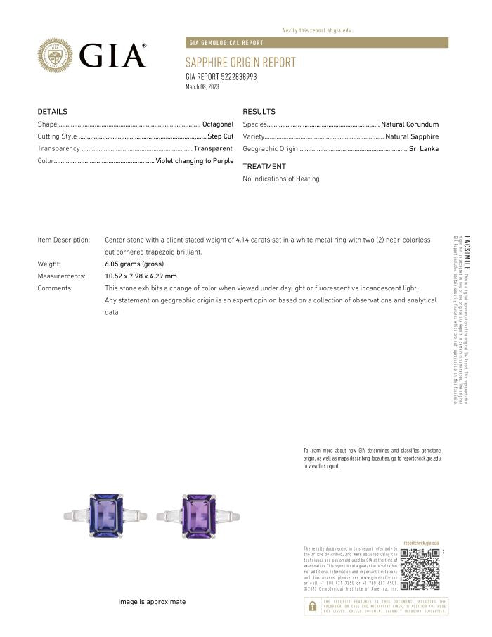 4.14 carat Emerald Purple Sapphire and Diamond Platinum Ring