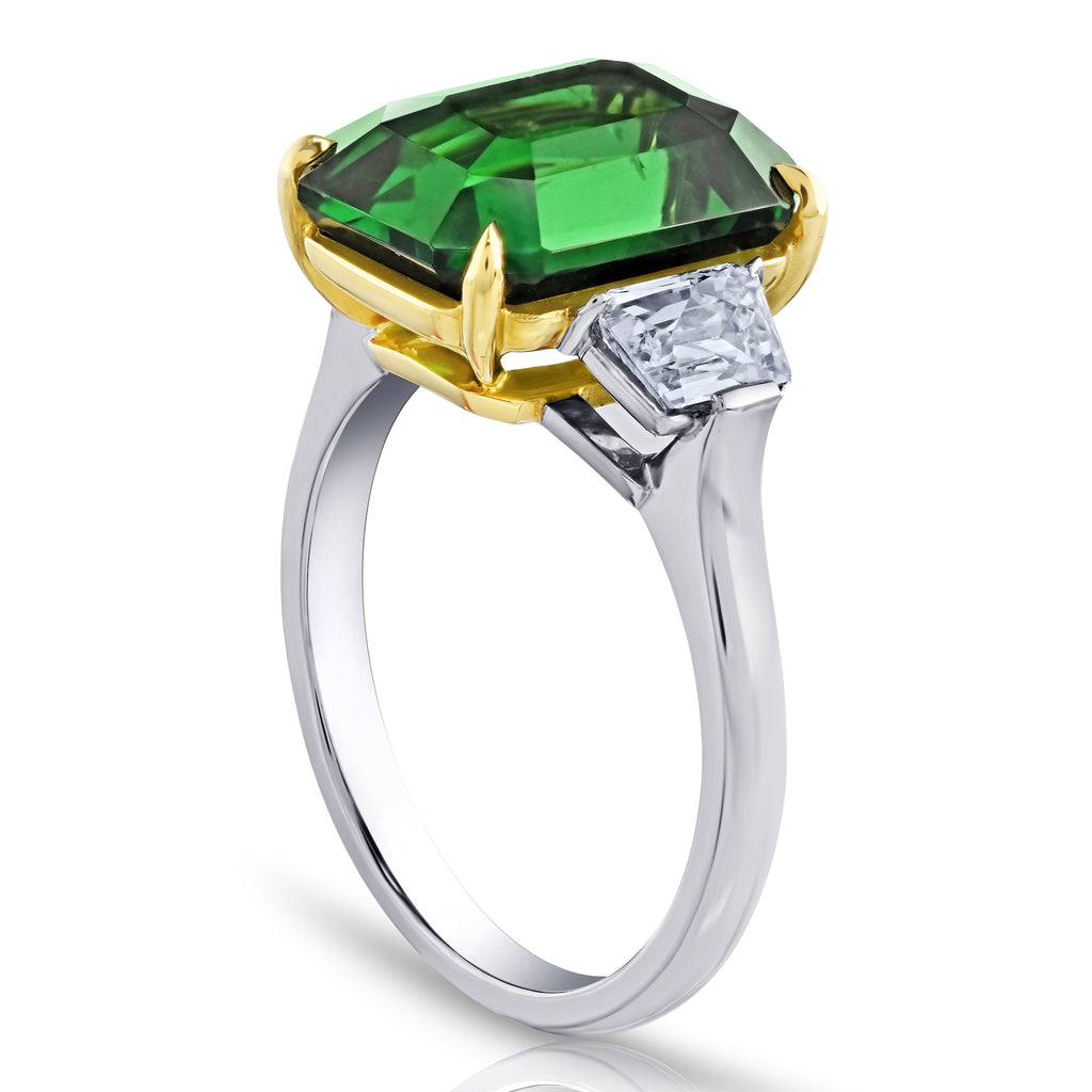7.02 carat Emerald Cut Green Tsavorite and Diamond Ring - David Gross Group