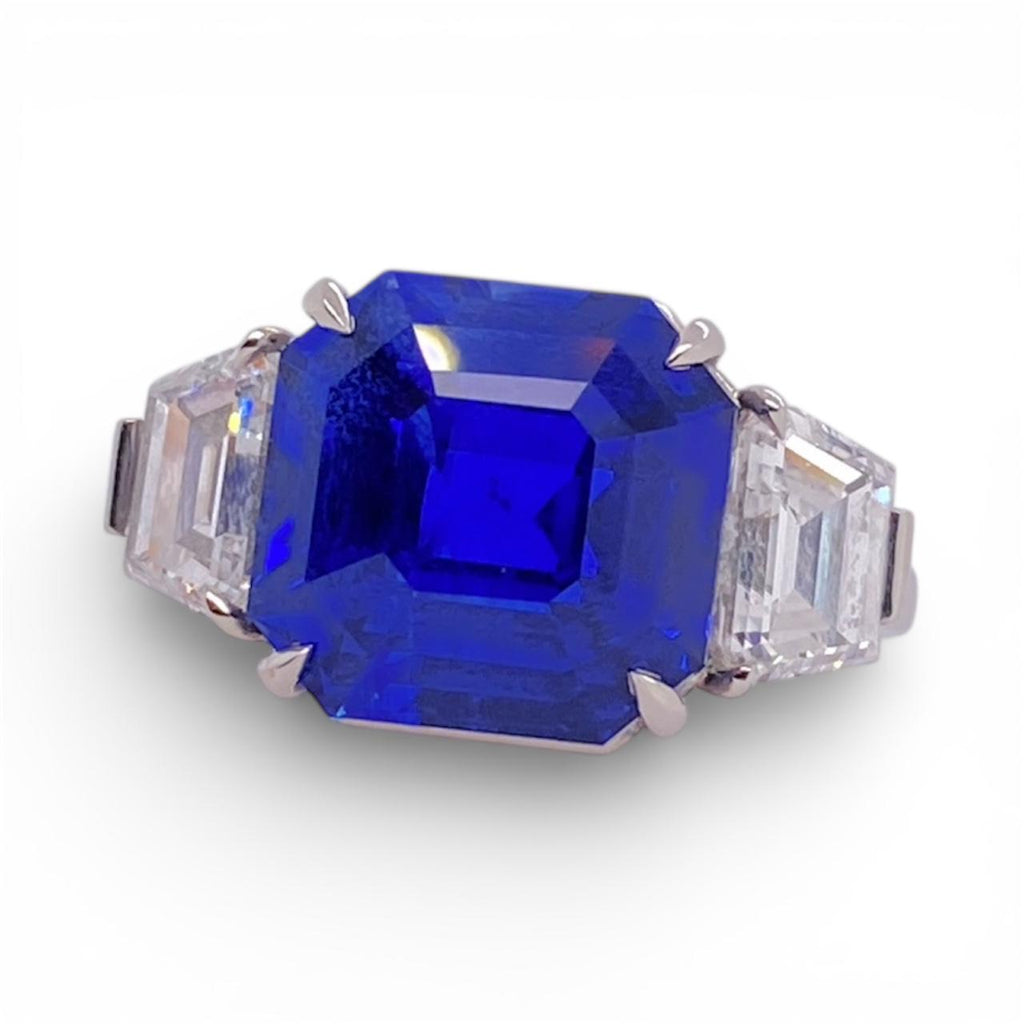 11.08 Carat Square Emerald Blue Sapphire and Diamond Platinum Ring