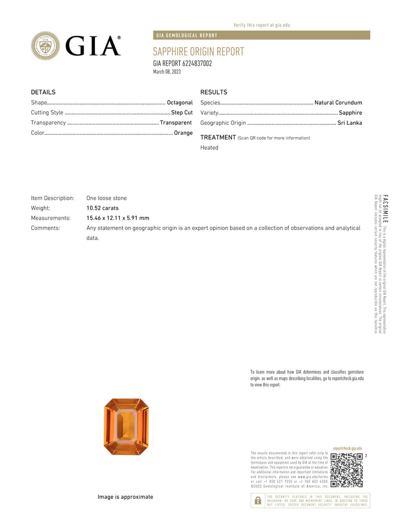 10.53 carat Emerald Cut Orange Sapphire with two Trapezoid Step Cut Diamonds in a Platinum ring - David Gross Group