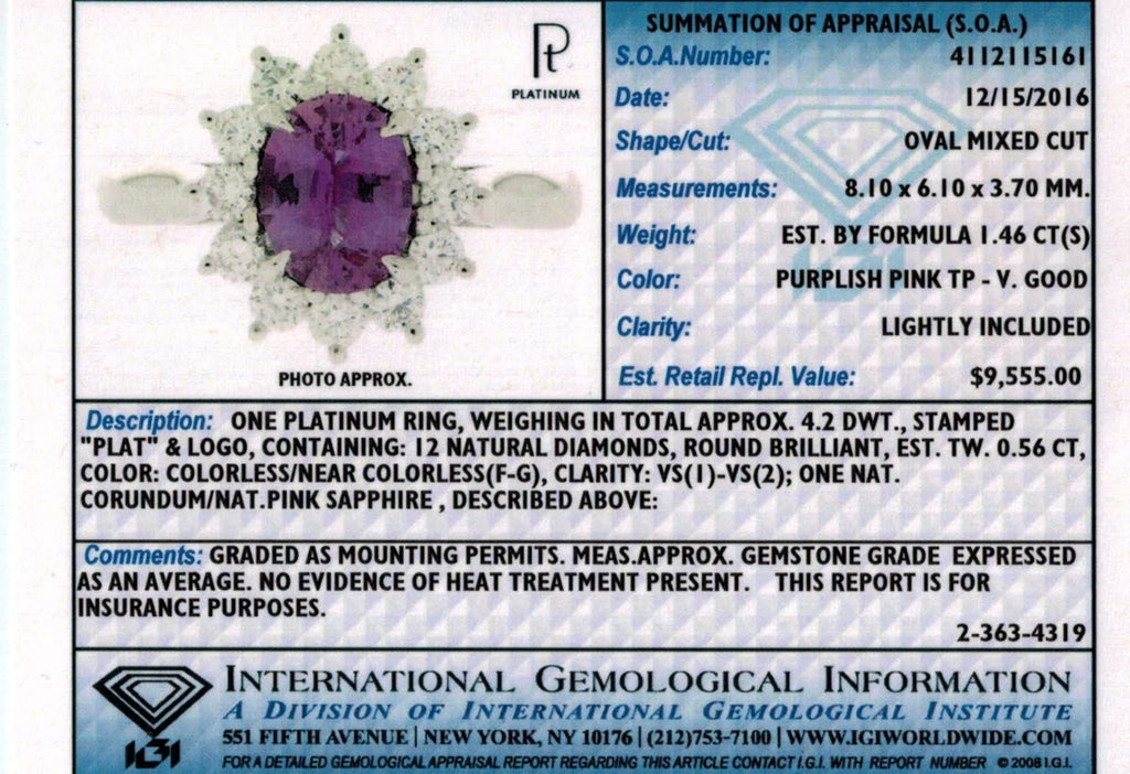 1.46 Carat Oval Pink Sapphire and a Platinum Diamond Ring
