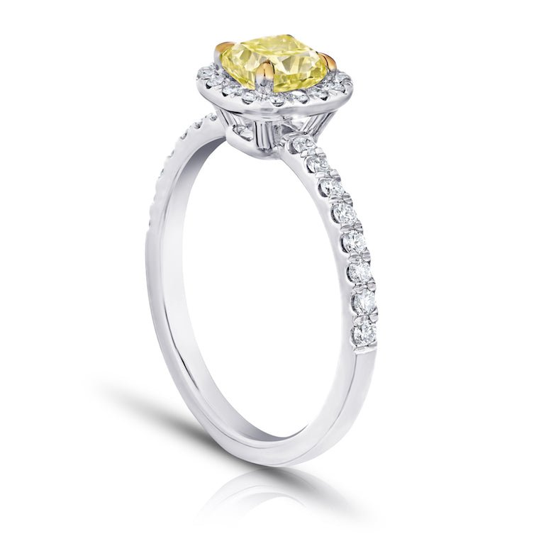 0.83 Carat Cushion Yellow Fancy Diamond and Diamond Platinum Ring