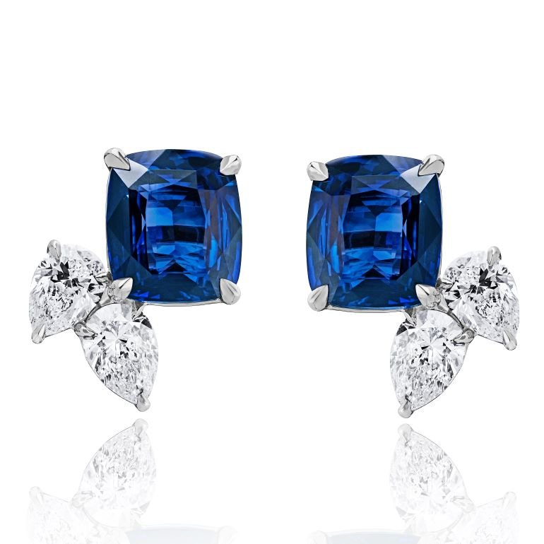 7.56 carat Cushion Blue Sapphire (H) and Diamond Platinum Earrings