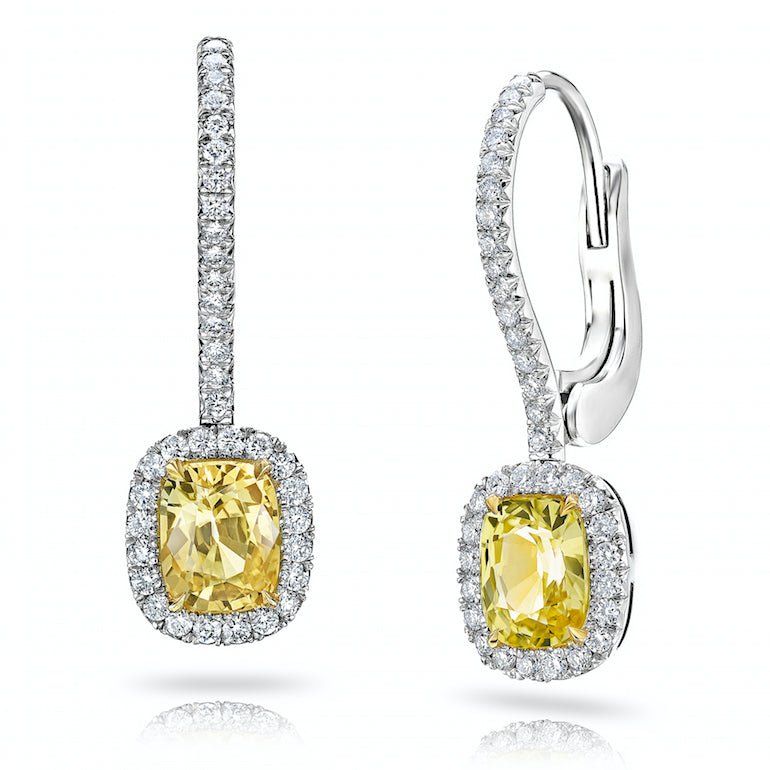 2.55 Carat Cushion Yellow Sapphire and Diamond Platinum Earrings