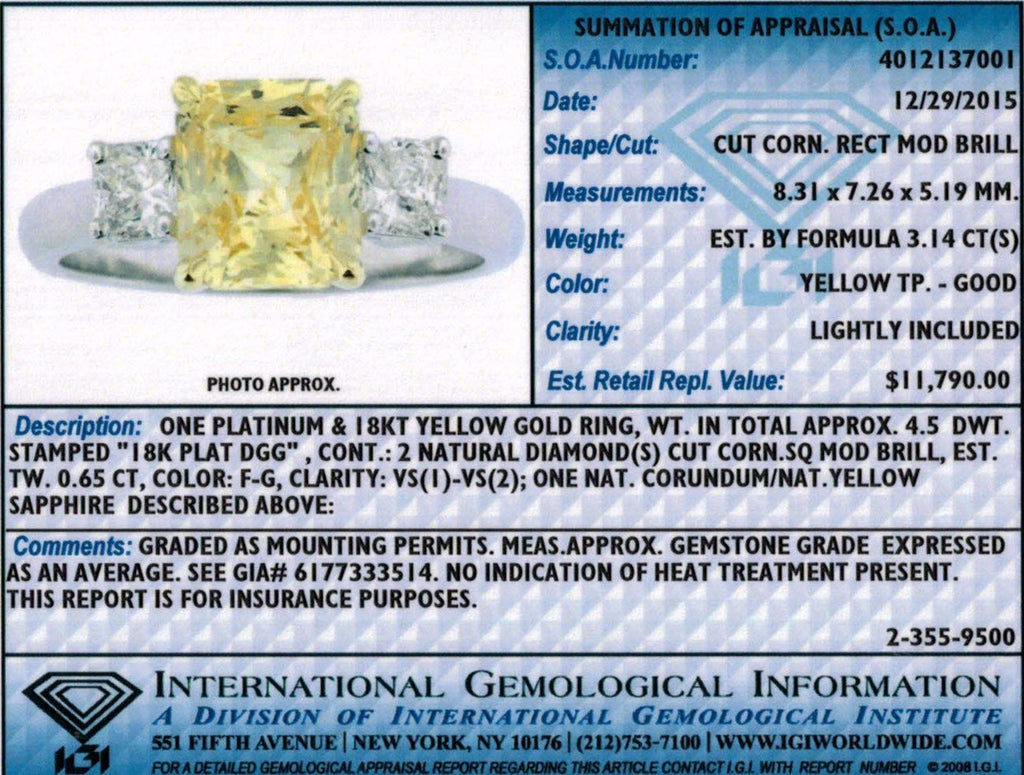 3.14 Carat Rectangular Modified Brilliant Yellow Sapphire and Platinum Diamond Ring