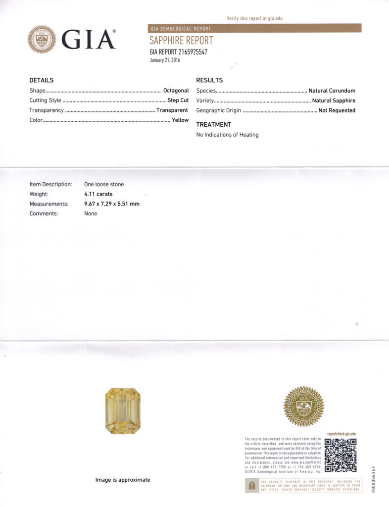 4.11 Carat Emerald Yellow Sapphire and a Platinum Diamond Ring