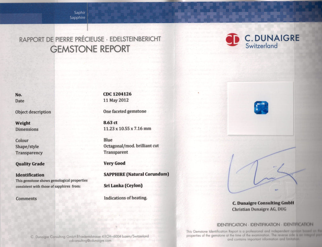 8.63 Carat Radiant Blue Sapphire and Platinum Diamond Ring