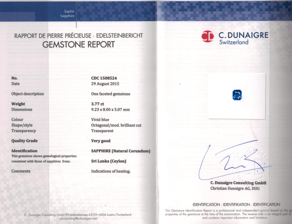 3.77 Carat Radiant Blue Sapphire and Platinum Diamond Ring