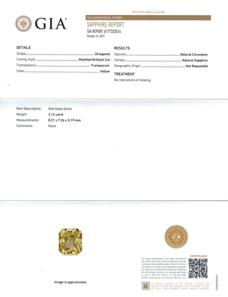 3.14 Carat Rectangular Modified Brilliant Yellow Sapphire and Platinum Diamond Ring