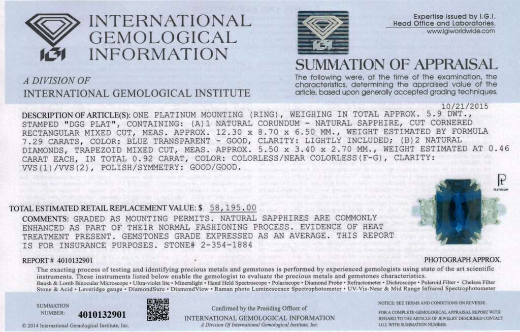 7.29 Carat Radiant Blue Sapphire and a Platinum Diamond Ring