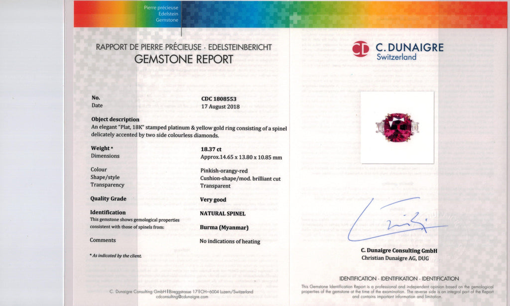 18.37 Carat Cushion Red Spinel and Diamond Ring - David Gross Group