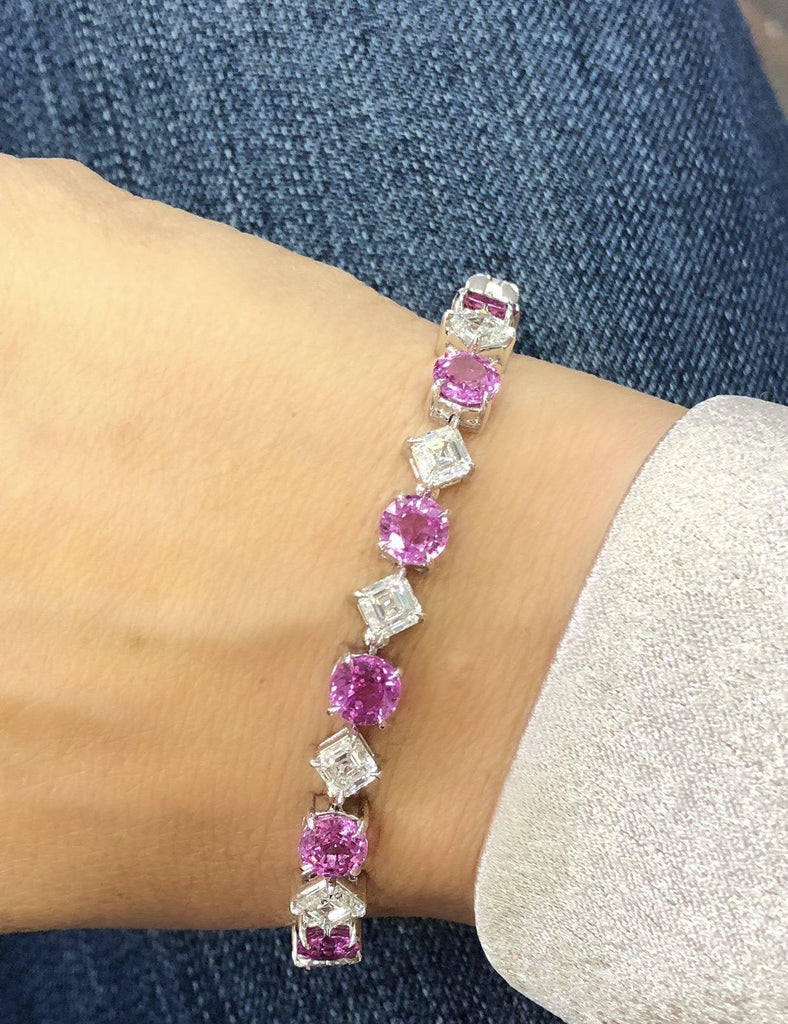 12.46 Carat Round Pink Sapphire and Diamond Platinum Bracelet - David Gross Group