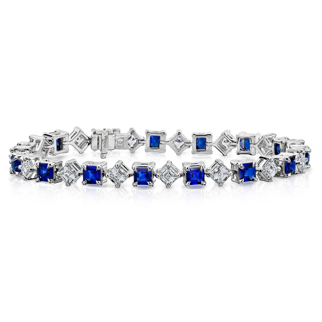 8.36 Blue Asscher Cut Sapphire and Diamond Platinum Bracelet