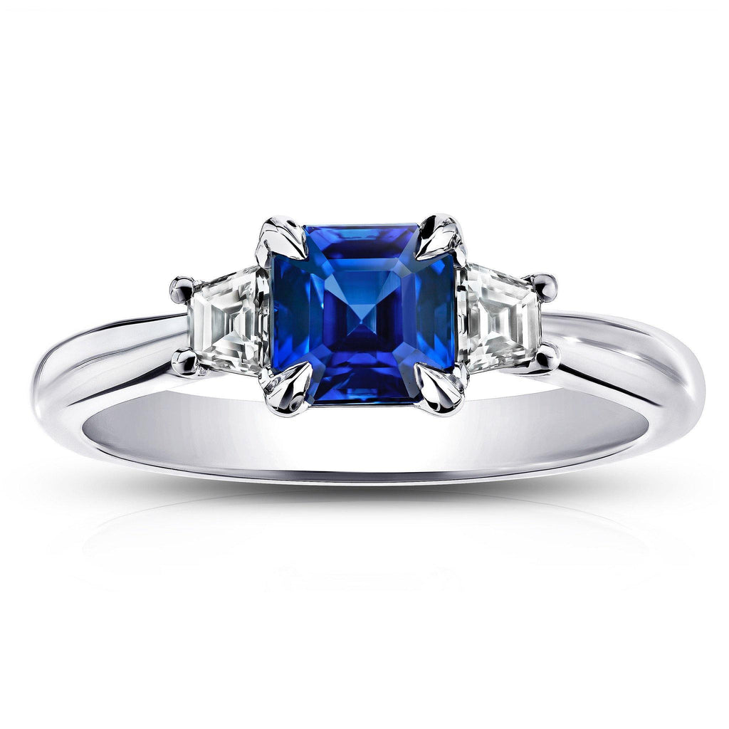 1.31 Carat Square Emerald Cut Blue Sapphire and Trapezoid Diamond Ring
