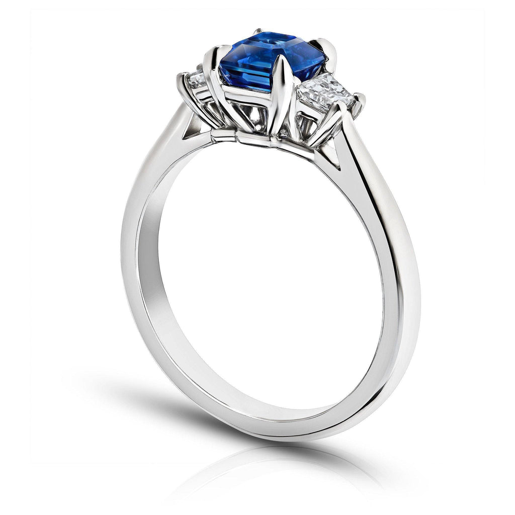 1.31 CARAT SQUARE EMERALD CUT BLUE SAPPHIRE AND TRAPAZOID DIAMOND RING - David Gross Group