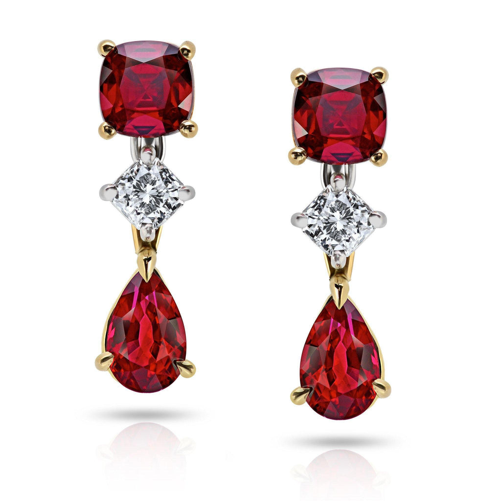 Pear shape and Cushion Cut Ruby Drop Earrings
