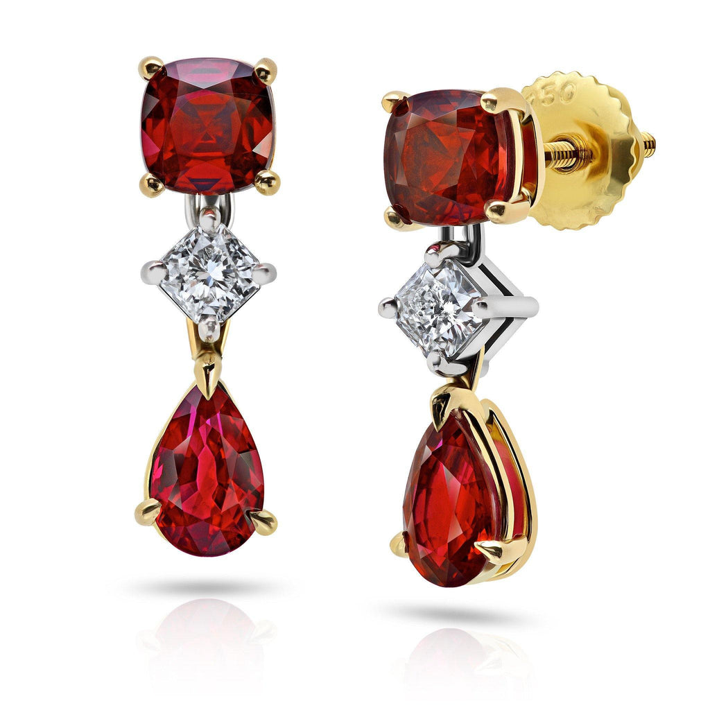 Pear shape and Cushion Cut Ruby Drop Earrings - David Gross Group