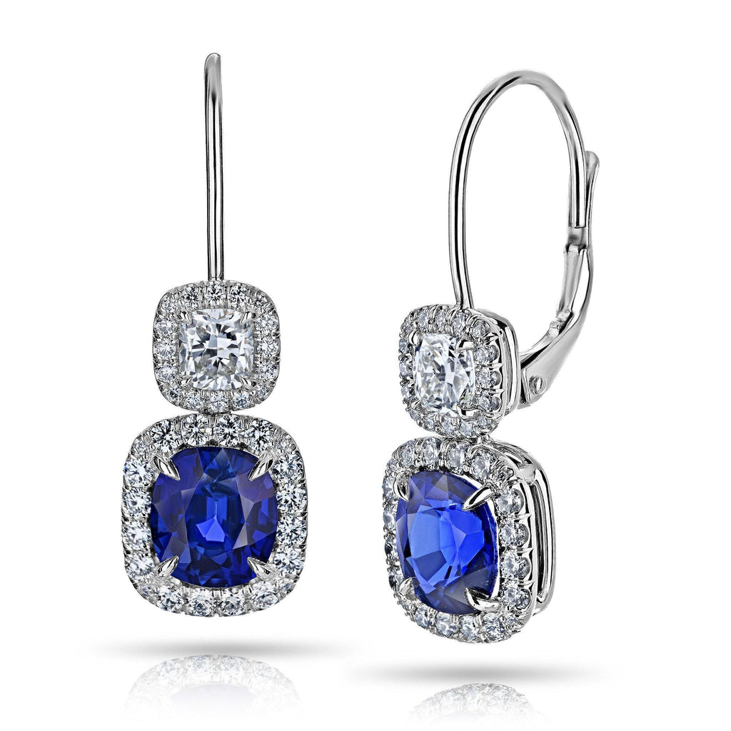 Blue Cushion Sapphire and Diamond Drop Earrings - David Gross Group