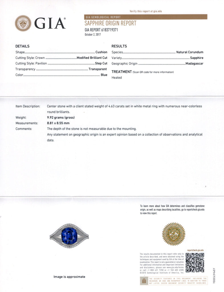 4.63 Carat Cushion Blue Sapphire And Diamond Ring - David Gross Group