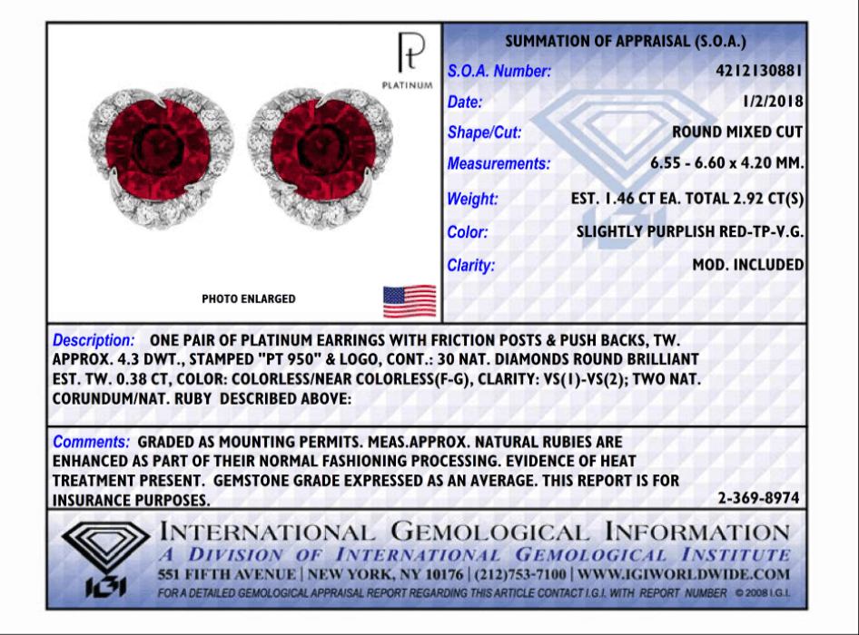 2.92 Carat Round Ruby and Diamond Halo Platinum Earrings - David Gross Group