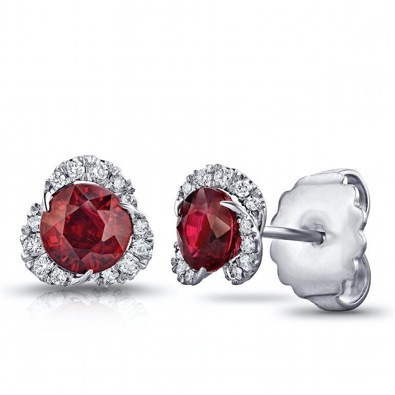 2.46 Carat Round Ruby and Diamond Halo Platinum Earrings - David Gross Group