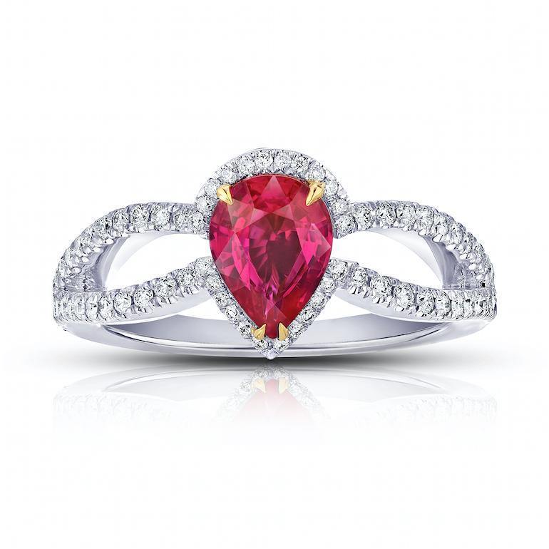 1.42 Carat Pear Shape Ruby and Diamond Platinum Ring