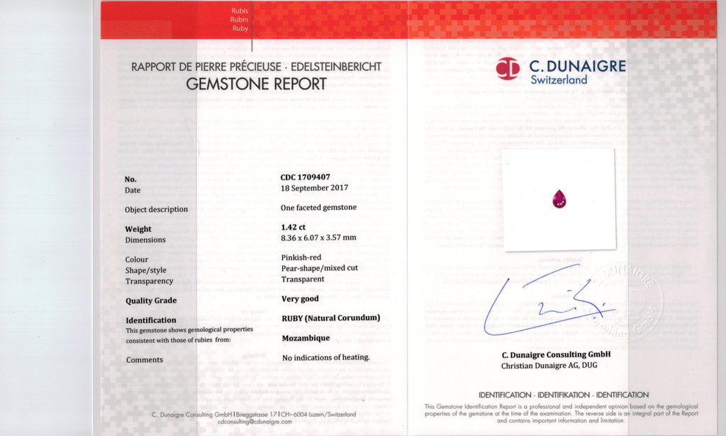 1.42 Carat Pear Shape Ruby and Diamond Platinum Ring - David Gross Group