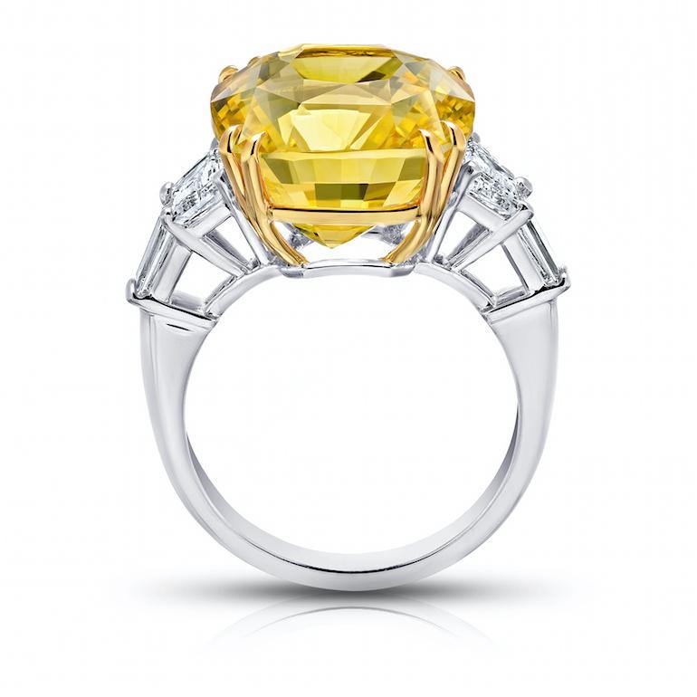 19.25 Carat Cushion Yellow Sapphire and Diamond Platinum Ring - David Gross Group