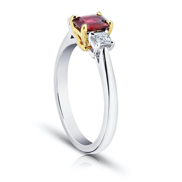 .73 Carat Emerald Cut Red Ruby and Diamond Ring - David Gross Group