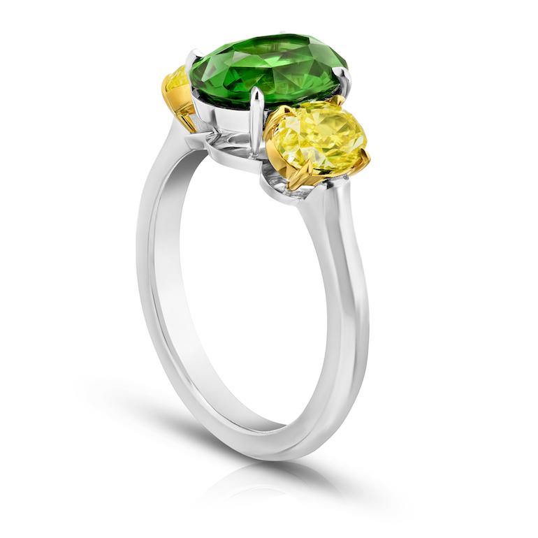 3.02 Carat Oval Green Tsavorite and Diamond Ring - David Gross Group