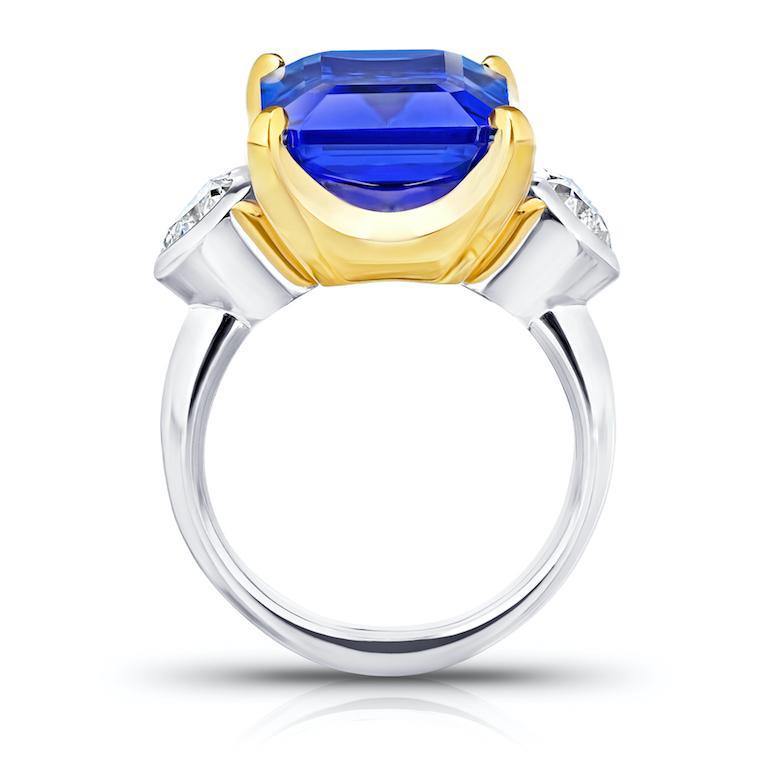 13.97 Carat Emerald Cut Blue Tanzanite and Diamond Ring - David Gross Group
