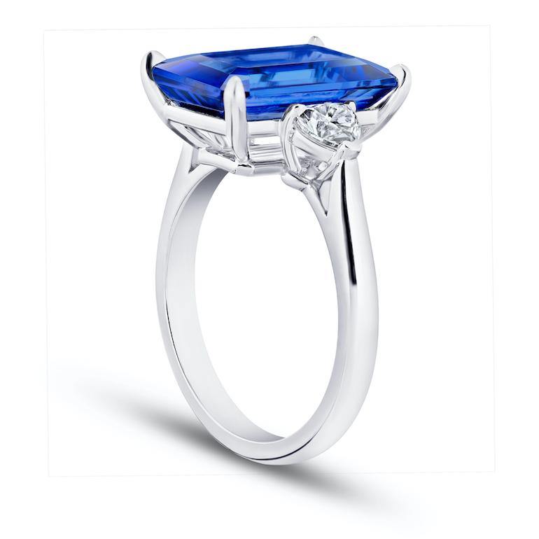 6.29 Carat Emerald Cut Blue Tanzanite and Diamond Ring - David Gross Group