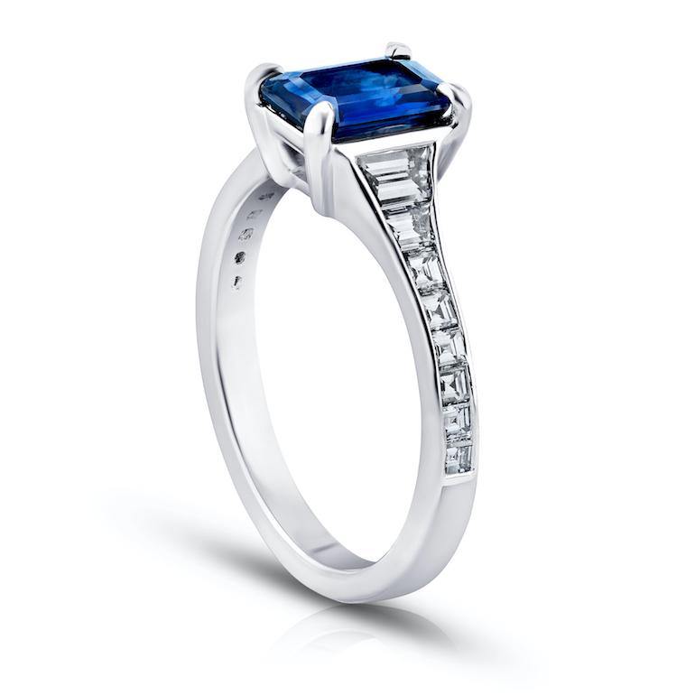 1.41 Carat Emerald Cut Blue Sapphire and Diamond Ring - David Gross Group